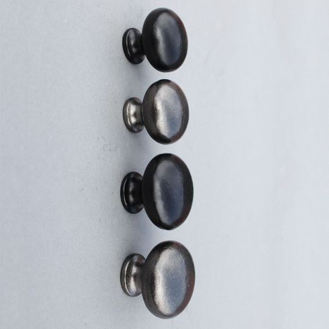 Heavy Cast Iron Plain Mushroom Knob with lacquer finish. Simple round heavy cabinet knobs made in our UK foundry. Shop our cabinet hardware now from £3.95. Round Cabinet Knobs, Iron Cabinet, Cupboard Door Knobs, Kitchen Door Handles, Cupboard Drawers, Cupboard Knobs, Pewter Metal, Kitchen Cupboard, Cupboard Doors