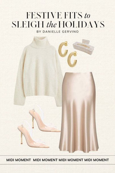 Cocktail Party Winter Outfit, Cream Midi Skirt Outfit Winter, Christmas Staff Party Outfit, White Sweater Skirt Outfit, Satin Skirt Holiday Outfit, Holiday Outfits 2024, Work Xmas Party Outfit, Winter Party Outfit Dressy, Corporate Holiday Party Outfit