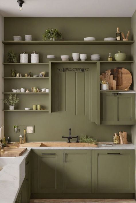 Olive Green Cabinets, 2024 Kitchen Trends, Cabinet Color Inspiration, Kitchen Design Ideas Wren Olive Green Kitchen, Olive Green And Grey Kitchen, Olive Green And White Kitchen, Olive Green Kitchen Walls, Olive Green Kitchen Cabinets, Popular Wall Colors, Olive Kitchen, Olive Green Kitchen, Green Kitchen Walls