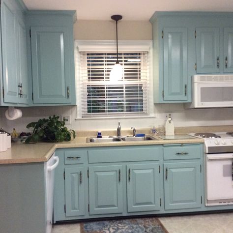 Aqua painted kitchen cabinets Gray And Aqua Kitchen, Sea Glass Kitchen Cabinets, Interesting Aqua Cabinets, Light Teal Cabinets Kitchen, Aqua Blue Kitchen Cabinets, Light Blue Painted Kitchen Cabinets, Aqua Cabinets Kitchen, Aqua Kitchen Walls, Light Teal Kitchen Cabinets