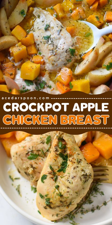 Discover the ultimate easy crockpot apple chicken breast recipe! This savory and sweet crockpot apple chicken dish combines effortless prep with delicious flavors. Save this easy slow cooker recipe that is ideal for tasty crockpot dishes! Apples And Chicken Recipes, Chicken And Apples Recipes, Chicken And Apple Recipes, Chicken Breast Crockpot Recipes Easy, Maple Syrup Sauce, Slow Cooker Chicken Breast, Butternut Squash Chicken, Savory Butternut Squash, Crockpot Apple