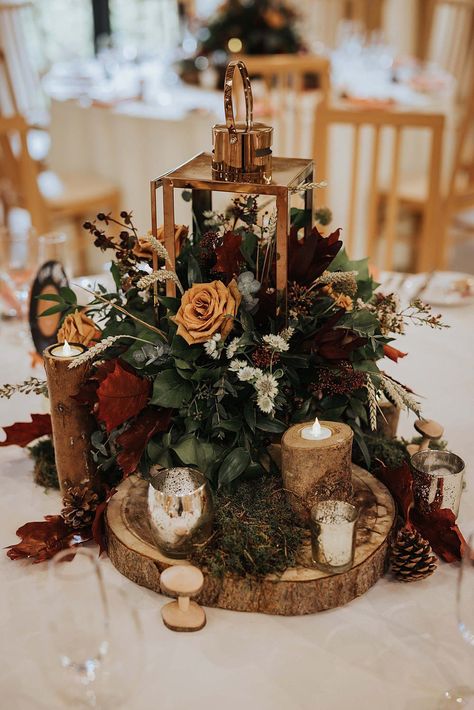 Rustic Wedding Centrepiece Idea Log Bark Candles Olegs & Rita Photography #weddingideas #rusticwedding Table Themes For Wedding, Rustic Wedding Centrepiece Ideas, Rustic October Wedding Decor, Late Fall Wedding Centerpieces, Autumn Centre Piece Wedding, Cheap And Easy Fall Wedding Decor, Autumn Wedding Diy Ideas, Wedding Outside Ceremony Decorations, Autumn Wedding Ideas October Rustic