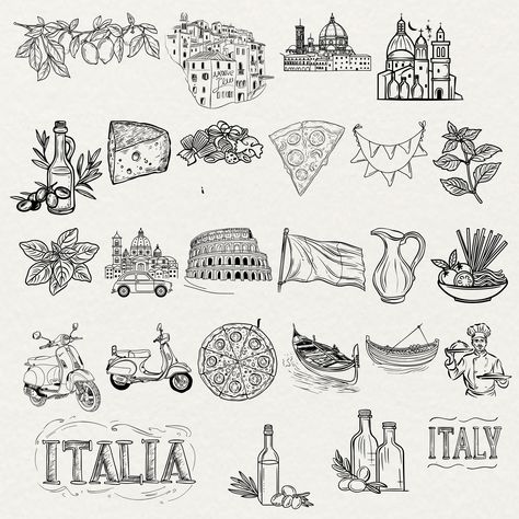 Rome Italy Drawing, Italy Aesthetic Drawing, Italy Graphic Design, Italy Icons, Italy Outline, Italy Clipart, Italian Drawings, Italian Illustration, Niece Tattoo