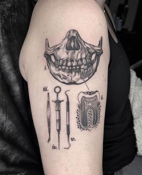 Tattoos For Dentists, Teeth Tattoo On Knee, Forensic Tattoo Ideas, Tattoos Of Teeth, Dentistry Tattoo Ideas, Dental Hygienist Tattoo, Jar Of Teeth Tattoo, Dental Hygiene Tattoo, Human Jaw Tattoo