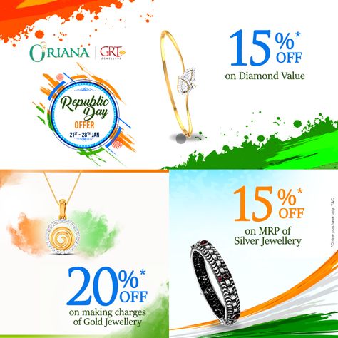 This Republic Day, get up to 15% off on Diamond value, 20% off on making charges of Gold Jewellery and 15% off on MRP of Silver Jewellery! #OrianabyGRT #Offer #RepublicDay Minimal Jewellery, Luxury Jewellery, Republic Day, Creative Advertising, 15 % Off, Silver Jewellery, Gold Jewellery, 20 % Off, Get Up