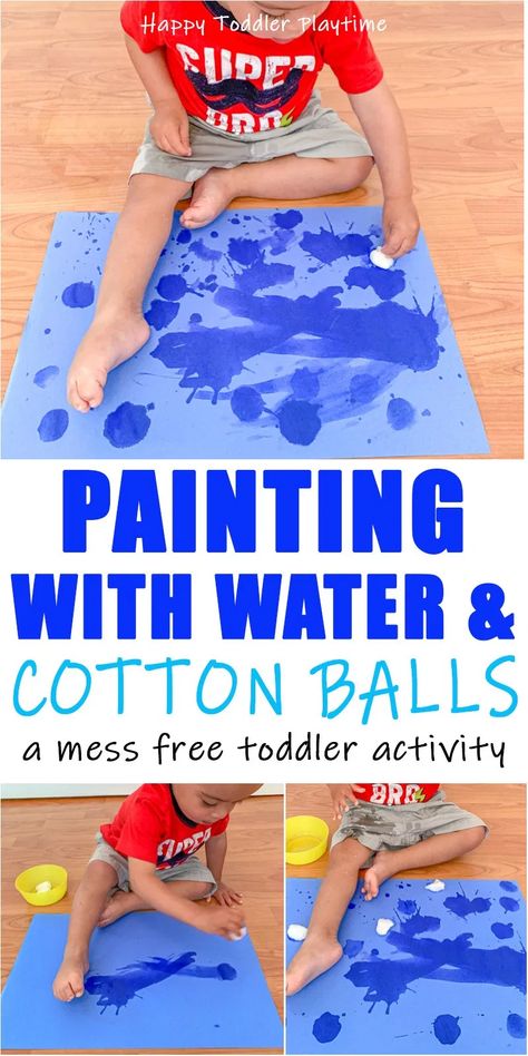 Painting with Water & Cotton Balls - HAPPY TODDLER PLAYTIME Fun Activities To Do With One Year Old, Painting Sensory Activities, Art For Toddlers Spring, One Year Old Gross Motor Activities, Pre Toddler Activities, Things To Do With One Year Old Daycare, Sensory Activities With Water, Fun Montessori Activities, Toddler Activities For 2 Year