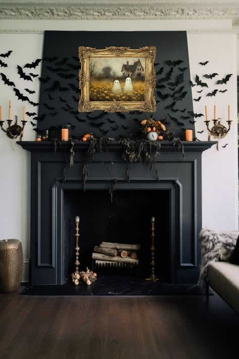 Classy Pumpkin Decorating, Painted Mantle Ideas, Scandinavian Halloween, Halloween Fireplace Decor, 50s Halloween, Ghost Halloween Decorations, Halloween Styling, Fall Meadow, Dark Academia Halloween