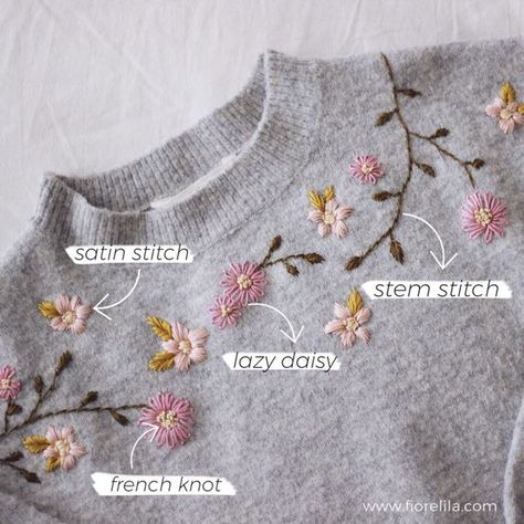 DIY Flower Embroidery on Knit Sweater - FioreLila shop Embroidery Flowers On Sweaters, Embroidery On Crochet Sweater, Sweater Flower Embroidery, Embroidery Patterns Sweater, Embroidery Flowers On Clothes, Embroidery On Knitting Patterns, Patching Clothes With Embroidery, Hand Stitched Flowers, Hand Embroidery Collar