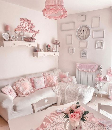 Pink Kawaii Living Room, Pastel Fairycore Room, Pink Cottagecore Living Room, Romantic Shabby Chic Living Room, Pink Living Room Aesthetic, Room Redecorating, Crystal Bedroom, Shabby Chic Apartment, Living Room Aesthetic