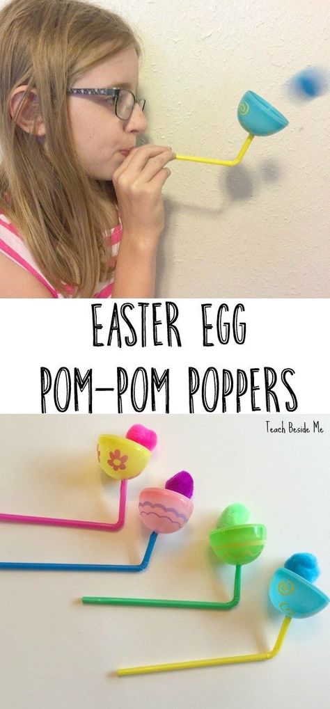 How to make pom pom poppers for Easter game Easter Stem Activities, Easter Stem, Easter Craft For Kids, Making Easter Eggs, Easter Preschool, Easter Activities For Kids, Easter Games, Plastic Easter Eggs, Easy Easter Crafts