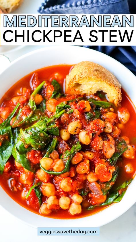 Rustic Mediterranean Spanish Chickpea Stew is loaded with chickpeas and spinach in a smoky tomato broth. It's hearty, cozy, and comforting. Tuscan Chickpea Stew, Mediterranean Chickpea Stew, Spanish Chickpea Stew, Chickpea Stew Recipes, Chickpea And Tomato Recipe, Chickpeas Spinach Recipe, Chickpea Shakshuka, Mediterranean Chickpeas, Spanish Chickpeas