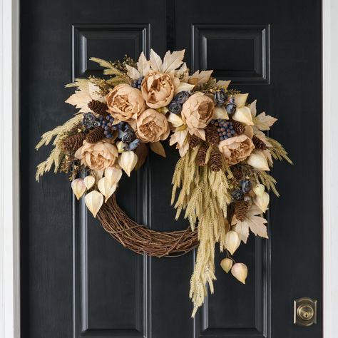 Available in: 26" Diameter x 6" Deep Indoor or Outdoor Covered Use Life-like Botanical & Floral Indoor or Outdoor Covered Use Designed, Handcrafted in Ohio Happy Holidays! Say it all with a Darby Creek Wreath this Season. Our Autumn Equinox Asymmetric Front Door Fall Wreath is the perfect statement piece for the front door, wall, or above the mantel in your home. This gorgeous wreath will say a merry little hello to all your guests and loved ones throughout the season. Darby Creek wreaths also m Fall Wreath Neutral Colors, Fall Winter Wreaths For Front Door, Fall Wreaths Simple, Fall Grapevine Wreaths For Front Door, Oval Fall Wreath, Modern Fall Wreaths For Front Door, Fall Wreaths For Front Door Autumn, Fall Wreaths For Front Door Diy, Diy Fall Wreath For Front Door