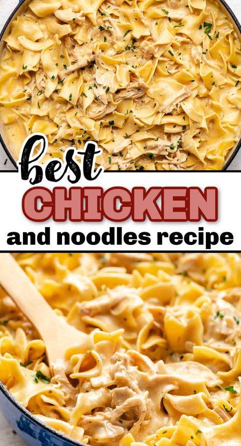 This Chicken and Noodles Recipe is the ultimate comfort food ready with just 15 minutes of prep! It features bites of juicy chicken tossed with tender egg noodles in a creamy and savory sauce. Cream of Chicken Soup | Easy Chicken Dinner Recipes | Egg Noodle Recipes | Easy Chicken and Noodles | Chicken Noodle Recipes | Chicken Egg Noodle Casserole | Chicken and Egg Noodles Recipe Stovetop | Quick Easy Chicken Recipes | Recipes for Rotisserie Chicken | Egg Noodle Recipes Easy, Stovetop Chicken And Noodles, Egg Noodle Recipes Chicken, Chicken And Egg Noodles Recipe, Recipes For Rotisserie Chicken, Chicken Egg Noodle Soup, Chicken Egg Noodle Casserole, Egg Noodle Dishes, Easy Chicken And Noodles