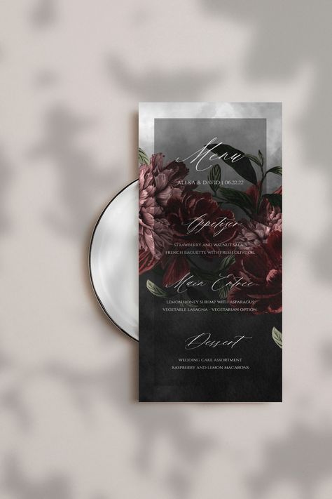 moody floral
moody floral wedding
wedding menu
dark floral menu
dark floral wedding menu Moody Invitations Wedding, Dark Menu Design, Moody Invitations, Gothic Wedding Stationery, Wedding Invitations Dark, Industrial Wedding Cake, Smokey Background, Moody Floral Wedding, Gothic Weddings