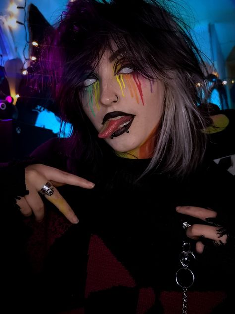 Pride makeup Pride Gothic Makeup, Bright Goth Makeup, Alt Pride Makeup, Lgbtq Makeup Ideas, Pride Clown Makeup, Nonbinary Pride Makeup, Goth Pride Outfit, Rainbow Goth Makeup, Pansexual Makeup Looks