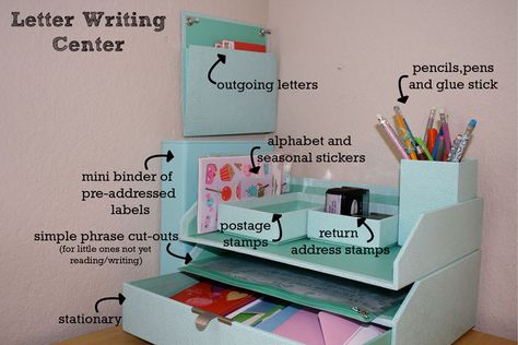 A Child’s Letter Writing Center Letter Writing Station, Mail Writing, Letter Organizer, Writing Station, Writing Area, Creative Organization, Montessori Practical Life, Homeschool Inspiration, Creation Crafts