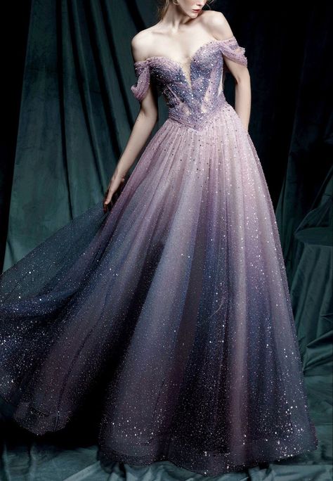 Night Sky Dress Wedding, The Atelier Couture, Starfall Ball, Evermore Fashion, Purple Ball Gown, Gown Ideas, Shakespeare In Love, Prom 2024, Purple Gowns