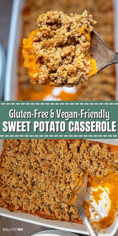 This Vegan Sweet Potato Casserole is the ultimate crowd-pleasing, allergy-friendly version of sweet potato casserole. Made with earthy sweet potato puree, warming spices, rich maple syrup, and a crunchy oat crumble, it is truly the best recipe for Sweet Potato Casserole. It just also happens to be dairy-free, egg-free, gluten-free, and vegan-friendly! Thanksgiving Sides Healthy, Gluten Free Dairy Free Protein, Gluten Free Sweet Potato Casserole, Gluten Free Crumble, Field Day Ideas, Gf Vegan Recipes, Weekly Meal Ideas, Vegan Sweet Potato Casserole, Sweet Potato Puree