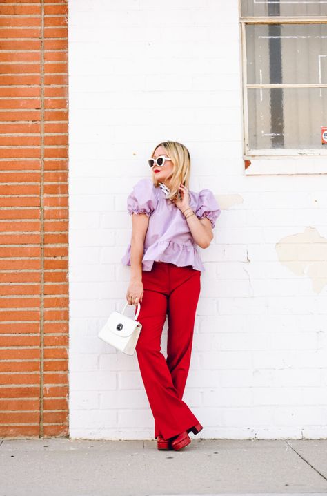 Lilac Peplum Top, Red Hot Trousers. Red Trousers Outfit, Purple Top Outfit, Red Pants Outfit, Digital Lavender, Combining Colors, Lavender Outfit, 2023 Outfits, Red Trousers, Trouser Outfit