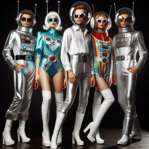 Futuristic 70s Fashion, Retro Martian Costume, 70s Space Aesthetic Fashion, 60s Futurism Aesthetic, Retro Futurism Costume, Scifi Halloween Costume, Atom Punk Fashion, Retro Futuristic Outfit, 80s Futurism Fashion