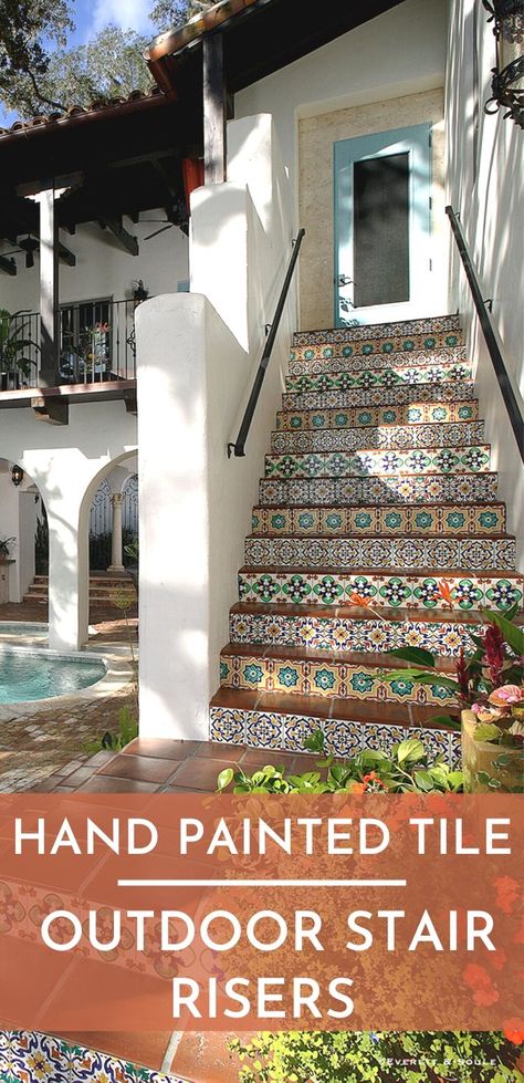 Tiled Stair Risers Outdoor, Tiled Step Risers, Mosaic Tile Stair Risers, Spanish Tile Stair Risers, Outdoor Porch Tiles Front Steps, Painted Outdoor Stairs, Painted Exterior Stairs, Painted Steps Outdoor, Tile Stairs Outdoor Front Steps