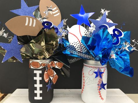 Sport theme jar centerpiece ideas Sports Centerpieces, Graduation Centerpieces, Sport Theme, Table Decorating, Fall Sports, Baseball Party, Baseball Theme, Mason Jar Centerpieces, Senior Night