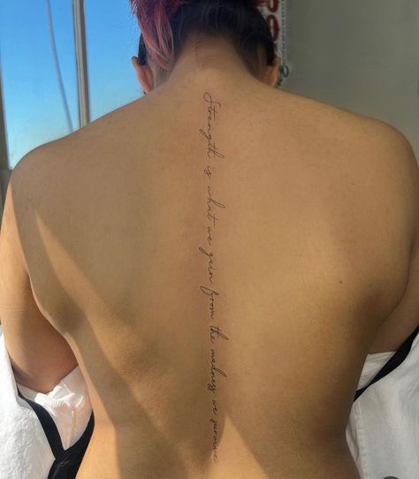 Small Writing Spine Tattoo, Tattoos For Healing And Growth, Spine Cursive Tattoos For Women, Script Back Tattoo, Simple Elegant Spine Tattoo, Fine Line Script Spine Tattoo, Spine Script Tattoo, Imperfectly Beautiful Tattoo Spine, Delicate Spine Tattoo