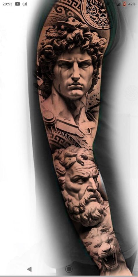 Titans Tattoo Greek, Augustus Tattoo, Greek Tattoo Sleeve, Parthenon Tattoo, Alexander The Great Tattoo, Greek Mythology Sleeve, Perseus Tattoo, Statue Tattoo Design, Greek Statue Tattoo