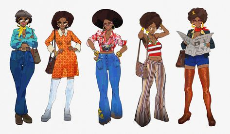 1970s Character Design, 70s Character Design, 70s Oc, Black Woman Artwork, Dope Cartoon Art, Black Characters, Figure Drawing Reference, Design Course, Hippie Outfits