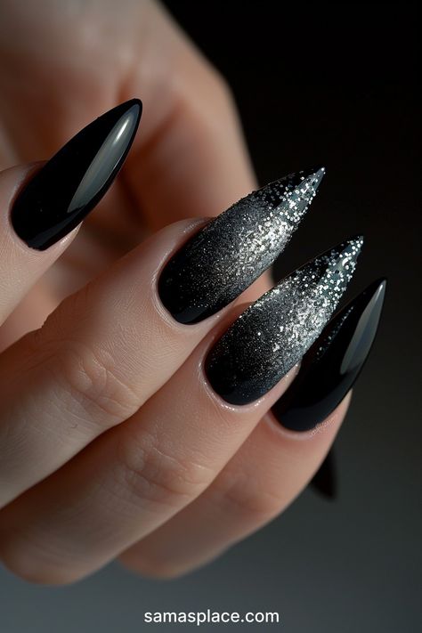 Black Sparkle Nails Acrylic, Black And Silver Nail Designs, Black Sparkle Nails, Silver Nail Designs, Manicure Nail Designs, Silver Nail, Sparkle Nails, Black Sparkle, Silver Nails