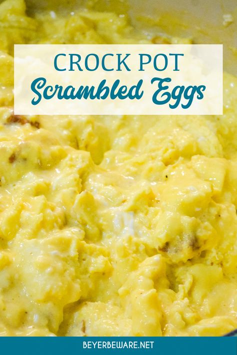 Want a make-ahead scrambled egg recipe that can feed a crowd? Make fluffy crock pot scrambled eggs the night before and have the best scrambled eggs in just two hours. With a secret ingredient you will have people raving over your scrambled eggs. Eggs In Slow Cooker, Crockpot Eggs Overnight, Bulk Scrambled Eggs, Slow Cooker Egg Bake, Make Ahead Scrambled Eggs For A Crowd, Fluffy Scrambled Eggs The Secret, Crock Pot Scrambled Eggs, Crockpot Egg Bake, Crockpot Scrambled Eggs