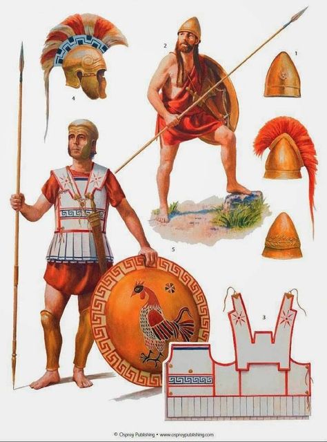 Two Peloponnesian era-hoplites. At the top right, a Spartan sporting the locks that Lakedaemonians are famous for, as well as a pilos helm. The bottom left portrays a hoplite in a standard tube and yoke with a Chalcidian helmet, and bearing a cockerel as his episemon, which could show him as being a native of Amyklai. The description of the art however, identifies him as a perioikoi. Art by Steve Noon Ancient Greek Soldier, Greek Soldier, Osprey Publishing, Classical Greece, Hellenistic Period, Greek Warrior, Rome Antique, Ancient Warfare, Spartan Warrior