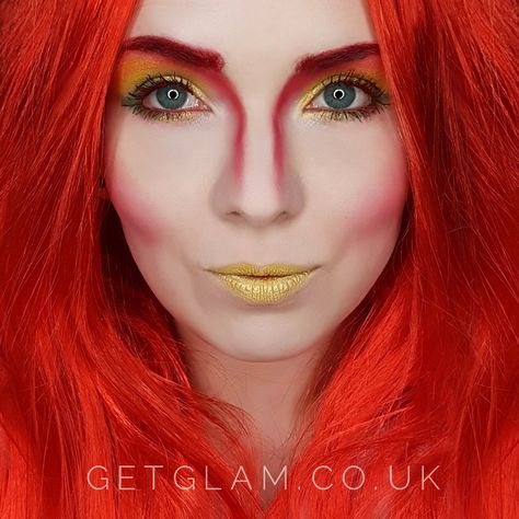 Phoenix inspired makeup // X-Men Phoenix Costume Makeup, Drag King Makeup, Seussical Jr, Phoenix Makeup, Phoenix Costume, Bold Makeup Looks, Witch Makeup, Drag King, Drag Makeup