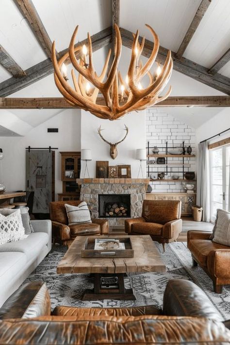 Farmhouse Living Room With Deer Mounts, Mountain Home Living Room, Rustic Farmhouse Living Room Ideas, Modern Farmhouse Architecture, Modern Farmhouse Makeover, Rustic Lounge, Miners Cottage, Teen Tips, Lodge Living Room