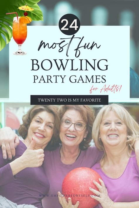 Save these 24 Fun Bowling Party Games For Adults Games To Play While Bowling, Bowling Games Ideas, Bowling Games For Adults, Adult Bowling Party Ideas, Bowling Party Games, Bowling Prizes, Bowling Alley Party, Team Bonding Games, Pantyhose Bowling