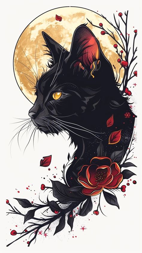 Black Cat Orange Cat Tattoo, Black Cat Arm Tattoo, Black Cat Floral Tattoo, Magic Cat Tattoo, Cute Black Cat Cartoon, Cat Tarot Card Tattoo, Demon Cat Tattoo, Siamese Cat Tattoo, Demonic Cat