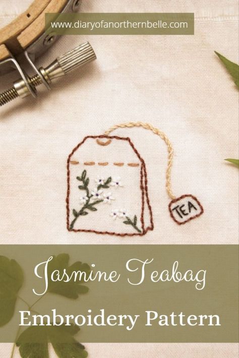 embroidered teabag with jasmine flowers Tea Party Embroidery, Simple Tea Towel Embroidery, Tea Pot Embroidery, Tea Embroidery Patterns, Tea Bag Embroidery, Teabag Embroidery, Teacup Embroidery, Embroidery Tea Towels, Jasmine Embroidery