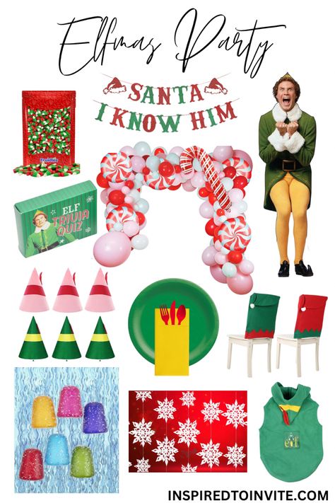 Bring Buddy the Elf to life at your next Christmas Party! #elfmas #christmaspartyideas #christmaspartydecorations #elfchristmasparty #christmaspartytheme #buddytheelf #elfparty #christmaspartydecor Christmas Buddy The Elf, Elf Movie Table Decorations, Elf Themed Christmas Party Decorations, Elf Christmas Party Themes, Elf Christmas Party Decorations, Buddy The Elf Parade Float Ideas, Buddy The Elf Party Invitations, Elf Movie Party Decorations, Elf Party Decorations