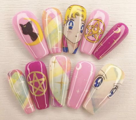 Sailor Moon Nails, Gold Liner, Nail Tip Designs, Magic Nails, Moon Nails, Vintage Nails, Anime Nails, Blush Nails, Kawaii Nails