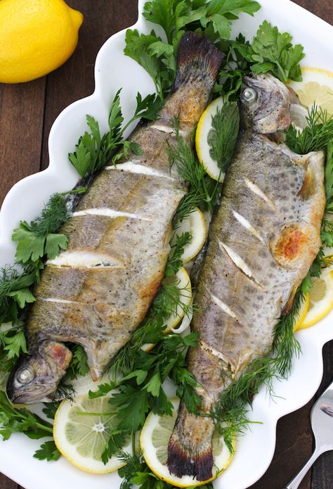 Roasted Whole Trout With Lemon and Herbs Whole Trout Recipes, Trout Fillet Recipes, Rainbow Trout Recipe, Baked Trout, Whole Fish Recipes, Trout Recipe, Cooking Trout, Trout Recipes, Lemon Herb