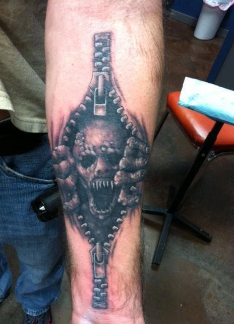 Demon Zipper Tattoo Zipper Tattoos, Opening Tattoo, Zipper Tattoo, Tattoo Design Stencil, Amazing 3d Tattoos, New Tattoo Ideas, 3d Tattoos, Skull Hand, Skull Head