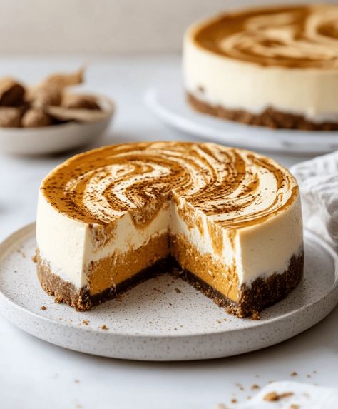 Indulge in this creamy Pumpkin Swirl Cheesecake, combining classic cheesecake with a rich pumpkin swirl. Perfect for fall! Spiced Pumpkin Cheesecake Recipe, Pumpkin Cream Cheese Cheesecake, Best Ever Pumpkin Cheesecake, Pumpkin Cheesecake Springform Pan, Pumpkin Pie Swirl Cheesecake, Pumpkin Pie Cheesecake Swirl, New York Pumpkin Cheesecake, Desserts To Win A Bake Off, Pumpkin Cheesecake For Two