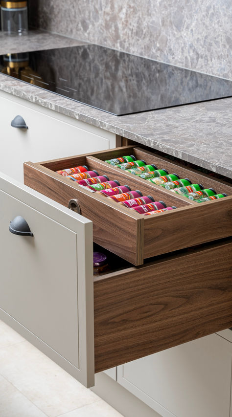 Have you ever seen a Spice Drawer more satisfying?  Level up your kitchen organising game and opt for kitchen drawers that have hidden internal drawers for your cutlery or spices.  The displayed configuration holds 27 39g Schwartz Spice containers which means that you never have to worry about where to put all of your herbs and spices again.  Get more kitchen storage and organisation ideas: Organize Kitchen Drawers, Kitchen Drawer Organiser, Kitchen Cabinet Inspiration, Organize Kitchen, Unique Kitchen Design, Larder Unit, Organisation Ideas, Small Kitchen Storage, Spice Drawer