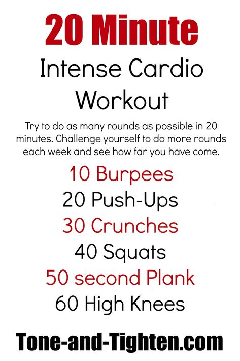 20 Minute Cardio Workout from Tone-and-Tighten.com. How many rounds can you do in 20 mins? #challenge #workout #fitness Intense Cardio Workout, Workout Planner, Cardio Training, Ferrari 488, Fitness Challenge, Trening Pilates, Travel Workout, Diet Keto, Quick Workout