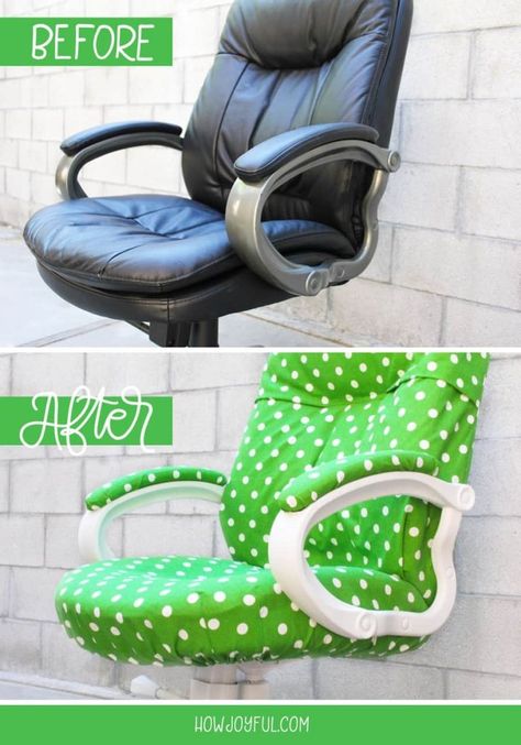 How to transform a boring chair with fabric and spray paint Desk Chair Upcycle, Office Chair Covers Slipcovers Diy, Computer Chair Makeover, Reupholster Desk Chair, Office Chair Covers Slipcovers, Recover Office Chairs, Black Desk Chair, Chair Transformation, Desk Chair Makeover