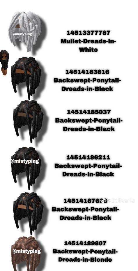 Roblox Dreads Hair Codes, Avatar Accessories, Black Hair Id Roblox, Boy Codes, Roblox Boy, Emo Roblox, Hair Roblox, Roblox Brookhaven, Hair Codes