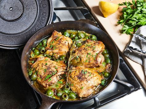 Braised Chicken Thighs, Kitchen Staples, Basic Kitchen, Braised Chicken, Cast Iron Cooking, Green Olives, Anything Goes, Cast Iron Skillet, Iron Skillet