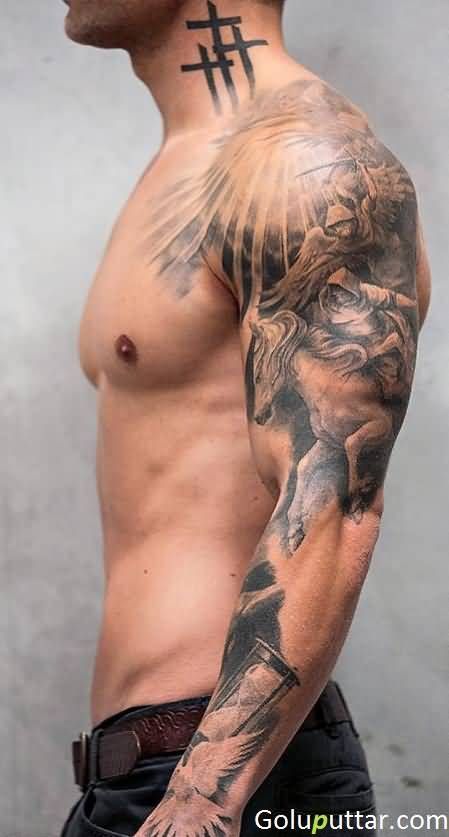 Man Sleeve Decorated With Angel Warrior And Horse Tattoo  Copy    #Uncategorized Trend Tattoo, Sleeve Tattoos For Men, Forearm Sleeve, Tattoo Trend, Music Tattoo Designs, Forearm Sleeve Tattoos, Full Sleeve Tattoos, Full Sleeve Tattoo, Music Tattoo