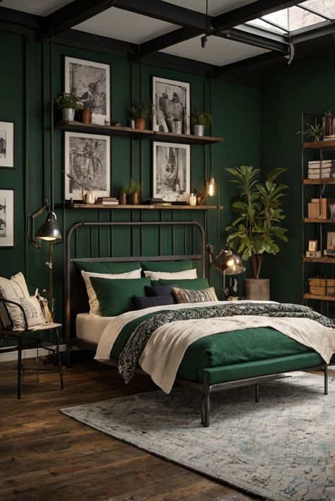 Discover the secret to creating a stunning bedroom decor by mastering the art of balancing bold accents with neutrals. Dive in to elevate your space. #ad     #Colortrend #wallpaint2024  #color2024  #DIYpainting  ##DIYhomedecor  #Fixhome Bedroom Inspirations Green Wall, Dark Green Cottagecore Bedroom, Black Green Gold Bedroom, Dark Green Wall Bedroom, Dard Hunter Green, Brown And Green Bedroom, Hunter Green Bedrooms, Bedroom Inspirations Green, Dark Green Home