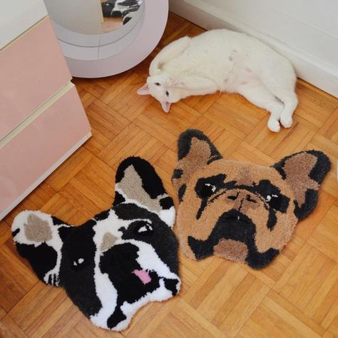 rugs by sparky! on Instagram: "Introducing… 🐶puppy rugs🐶 I started this project a few months ago initially as a gift for my parents who’s sweet frenchies passed away, and ended up making a few more for friends and family! Currently open for limited commissions! Each piece is approximately 20” x 20” and will be made of an acrylic/wool blend. DM for pricing and info! ★ ★ ★ #sparkyrugs #rug #tufting #tuftedrug #tuftinggun #rugtufting #tufttheworld #artist #art #fiberarts #dogs #petportrait # Dog Rugs, Dog Rug, Puppy Room, Gifts Fo, Nike Wallpaper, Dog Bone, Rug Art, Punch Needle, Tufted Rug